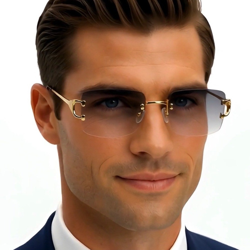 Rimless Rectangle Sunglasses Gold Frame Green Lens Fashion Shades Men Street New